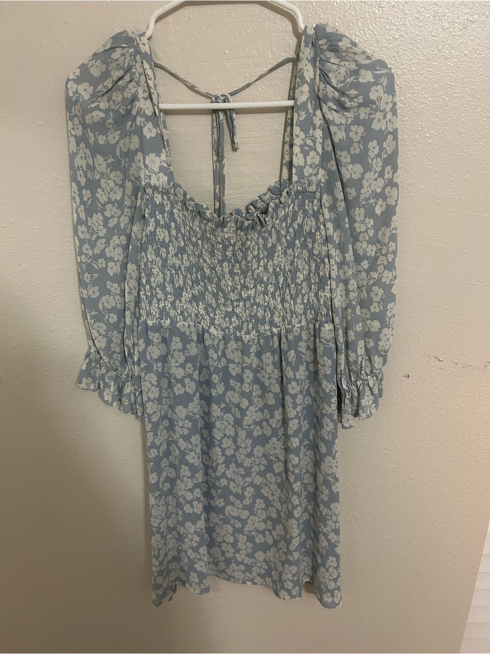 Reformation Light Blue Floral Smocked Long-Sleeve Dress